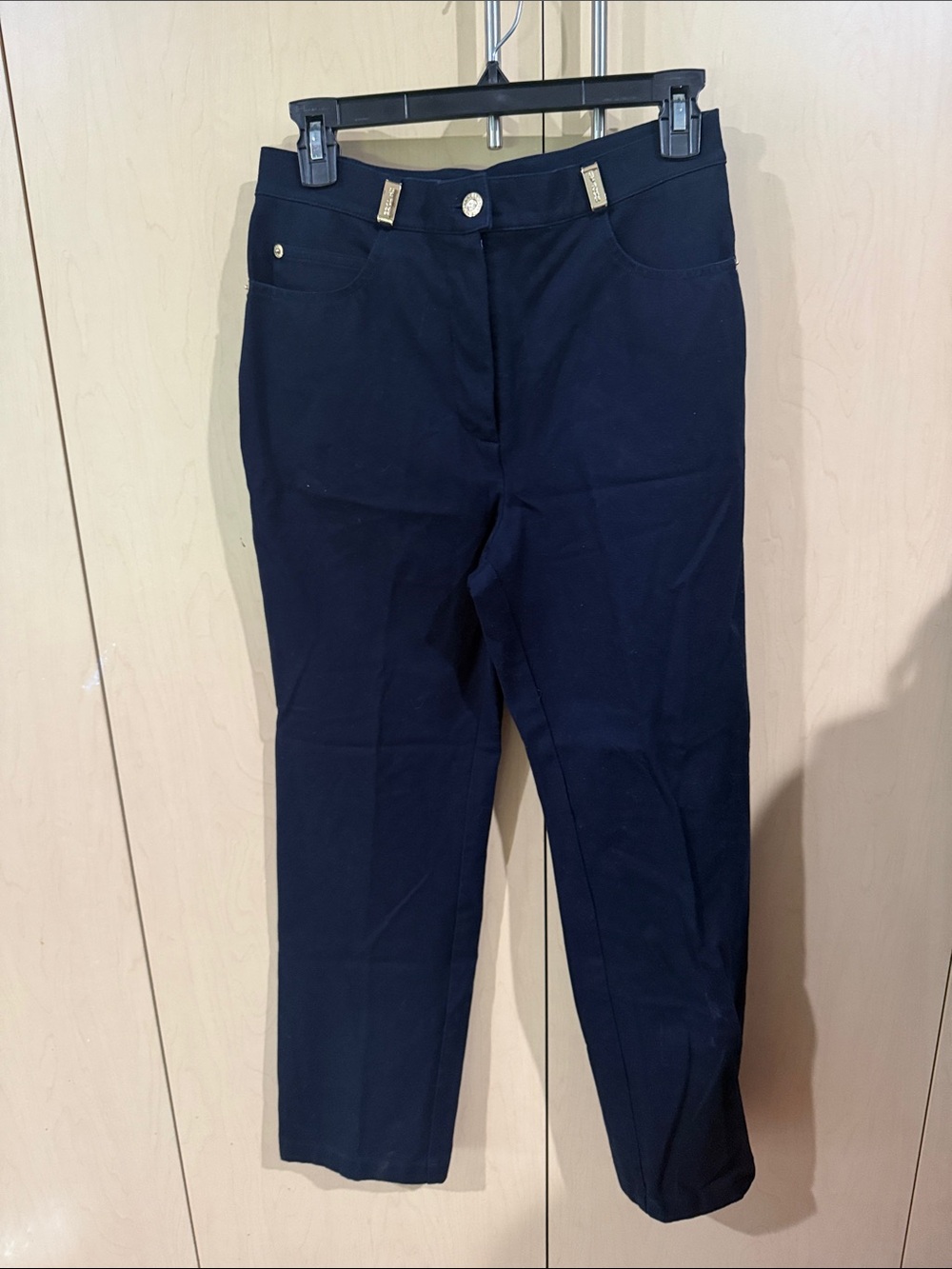 Classic Black Straight-Leg Pants with Gold Accents